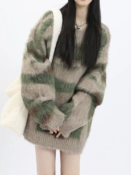 Модни върхове 2024, есенно-зимния шарен пуловер с кръгло деколте, вязаный пуловер оверсайз, Офис женски пуловер с дълъг ръкав, дамски дрехи