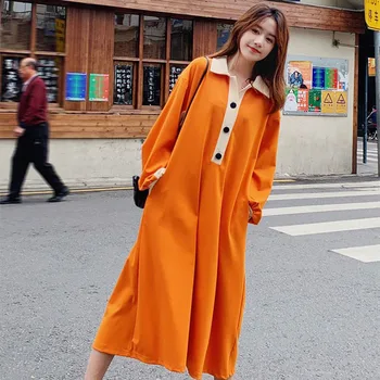 Модни Свободни Ежедневни рокли с ревери и джобове копчета Дамски дрехи 2023 Есен Зима Корейска рокля Миди с ръкав-фенерче