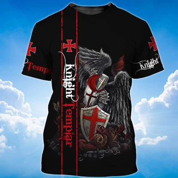 Мъжка тениска с лятна топ Knight Templar, модерни ежедневни тениски Оверсайз с 3D принтом, къс ръкав, градинска облекло
