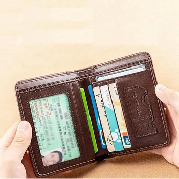 Мъжки портфейл от естествена кожа, Блокиране на Rfid, Двойна чантата си, Ретро Тънък Кратък Многофункционален Идентификатор на Притежателя на кредитната карта, Мъжки Портфейл за пари