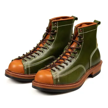 Мъжки работни обувки от естествена кожа с контрастиращ цвят, реколта армейските обувки с кръгло бомбе
