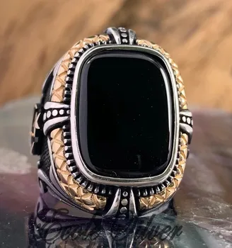 Мъжко голям черен пръстен с геометричен цирконием в стил пънк-ретро с отворен пръстен на пръст, издълбани полумесец и звезда, модни бижута в стил Готик Viking