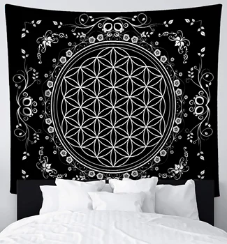 На сакралната геометрия, гоблени, цветя мандала, прост черно-бял стенен интериор в стил бохо за спални, всекидневна, декориране на хотел