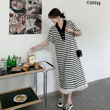 Негабаритное Ново Лятно Свободно рокля в Корея ивица свободно намаляване с V-образно деколте и къс ръкав, женствена рокля-риза с прости бутони в стил мозайка