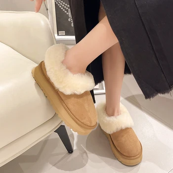 НОВИ дамски зимни обувки от естествена вълна 2024 г., дамски обувки от естествена овча кожа, дамски обувки на равна подметка, големи размери 42, женски пухкави Нови