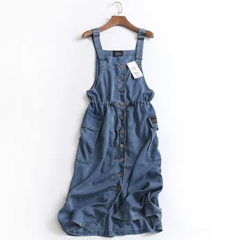 Нови летни модни дамски однобортные рокли с дължина до коляното, без ръкави с тънки спагети презрамки, памучно джинсовое винтажное синя рокля P84