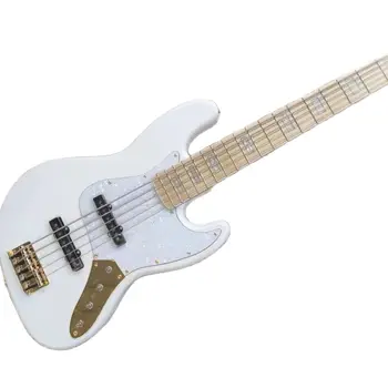 Новият модел на заводскому поръчка, 5-струнен бяла бас-електрическа китара, черно звукосниматель, бяла перламутровая тампон, кленов лешояд на поръчка