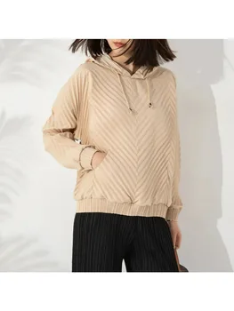 Оригиналната плиссированная тениска Miyake, дамска мода началото на есента, всекидневни свободен пуловер с качулка с голям размер, Универсален топ с дълъг ръкав