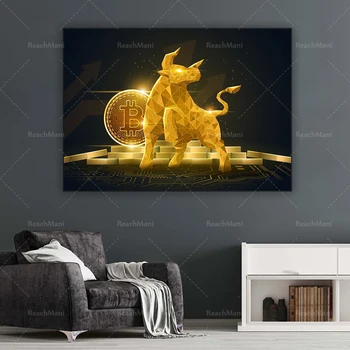 Плакат биткоина с неонови осветена ефект върху платно, цифрова валута с криптиране на БТК, декоративен плакат на 