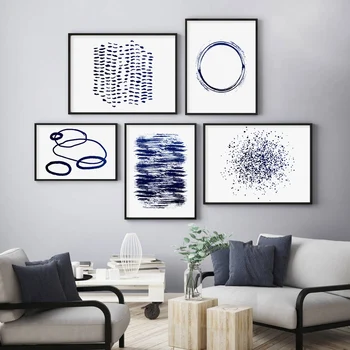 Потребителски художествена печат, изготвяне на интериорен дизайн на всекидневната, домашен бескаркасный модерен абстрактен тъмно син плакат на точки, живопис върху платно