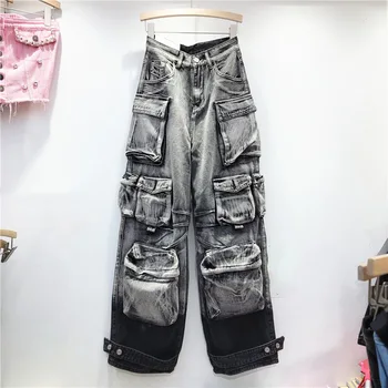 Прави дънки с много джобове, с наклон на улицата, дамски есенни нови широки дънкови панталони-карго в стил хип-хоп s746