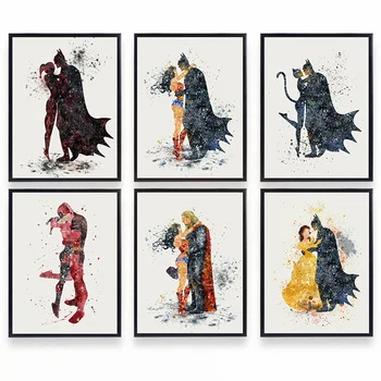 Прегръдки на принцеса Дисни и супергерой, Целувки Дэдпула, Акварел, живопис върху платно, Абстрактни плакати и щампи, стенно изкуство, Начало декор