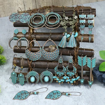 Реколта обеци от мъниста в стил Бохо със син камък, украсени с пискюли, Етническа Геометрични Цветни листа, Дълги висящи обеци, Модни бижута