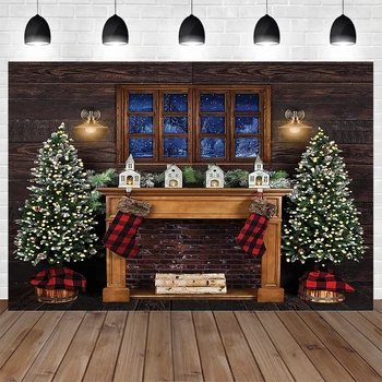 Ретро Дървена камина в коледна нощ, Коледно дърво, Чорапи, Декоративен фон за прозорци, Зимни детски Семейна Групова снимка