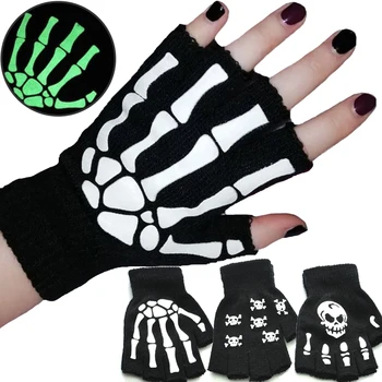 Светещи ръкавици за cosplay на Хелоуин, Унисекс, пънк, Светещи в тъмното, скелет, череп, Ръкавица на половината от палеца, Еластични възли ръкавици без пръсти