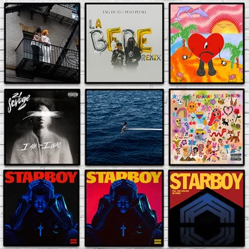 световни хитове, корица на музикалния албум на Kanye West The Weeknd Bad Бъни, скандинавските щампи, стенно изкуство, Естетически плакати за бар и кафене, живопис върху платно