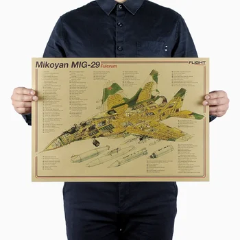 Серия плакати конструктивен дизайн изтребител Микоян МИГ-29 Класическа Ностальгическая Ретро Модел от Крафт-хартия, Стикер за стена, стенни картини