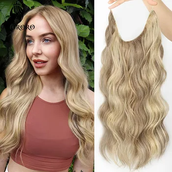 Синтетични дълга Къдрава вълна, невидима Жица Без щипки за удължаване на косата, изкуствена коса от риба на въдица, изкуствена коса, естествена blond за жени