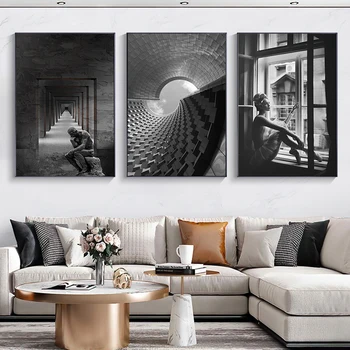 Скандинавска черно-бяла космическа живопис върху платно, абстрактни щампи сгради и плакати, стенни рисунки за декорация на дома в хола