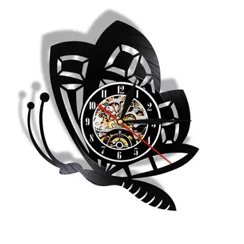 Стенен часовник с летящей красива пеперуда, направени от истинска винил плочи, Декорация във формата на насекоми, Не тикающие стенни часовници за всекидневна