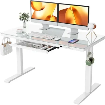 Стъклена бюро ErGear с чекмеджета, 48-инчов бюро с електрическо регулиране на височината, плот от закалено стъкло, USB зарядни станции
