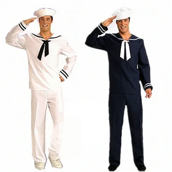 Тъмно син костюм моряк, комплект костюми за cosplay на Хелоуин за възрастни, бяло и синьо на Карнавалните костюми за парти, Сценична форма за мъже и момчета