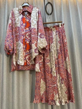 Френски жена комплект от две части, Блуза с дълги ръкави, Широки Плисирани панталони с висока Талия, Розов костюм, Темпераментен Свободна Ежедневна мода