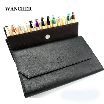 Чанта за моливи Wancher от естествена кожа, калъф за авторучек от телешка кожа, просторен държач за химикалки на 13-дръжки за носене-ръкав, бестселър