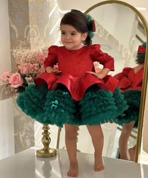 Червена рокля с пайети и Зелено За Коледната Фотосесия За Момичета, Детски Рокля-пакетче С кръгло деколте и Дълъг Ръкав, Семейни Коледни Снимки За момичета
