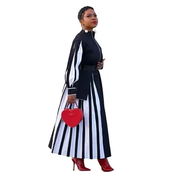 Черни Африкански Рокли без Колан за Жени, Мода Пролет 2024, Африканските Дълго Макси Рокля от Полиестер С Дълъг Ръкав-Фенерче, Африканска Облекло