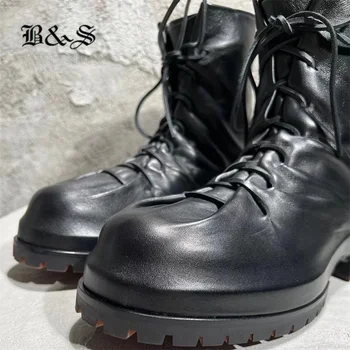Черни и улични реколта нагънат обувки от естествена кожа в дебела подметка ръчно изработени с мотор Western Ботуши