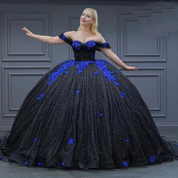 Черно блестящо Пищни принцеса рокля със сини мъниста във формата на цветя Vestidos De 15 Años, Уважаеми вечерна бална рокля за парти по случай рождения Ден