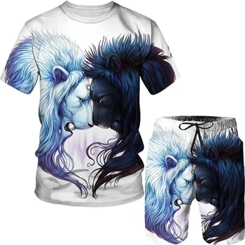 Черно-бяла тениска с изображение борба с лъвове, комплект плажни панталони, ежедневни панталони с кръгло деколте и къси ръкави, летен спортен комплект от 2 теми