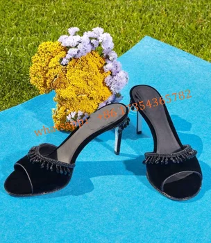 Черно Кадифе Сандали с кристали и ресни, Елегантни Летни Дамски чехли на висок ток, Луксозен Дизайнерски, ръчно изработени Обувки по размер