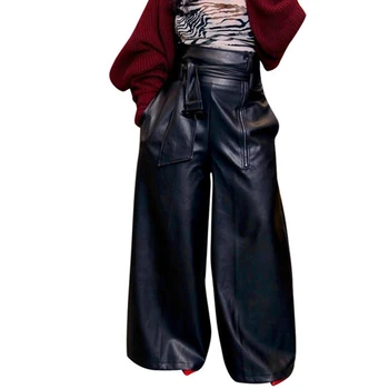 Широки дамски панталони от изкуствена кожа с висока талия и колан 2023 Pantalon Cuir Femme, зимните модни Свободни кожени панталони, панталони