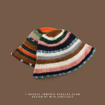 Японската дизайнерска нишевая шапка-кофа, ръчна изработка, вязаная на една кука, шарени шапчица в контрастен цвят, което показва малко лицето, дамски шапки за пътуване