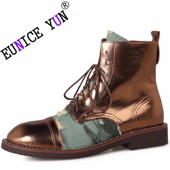 【EUNICE ЙОНГ】 Популярни женски ботильоны от естествена кожа с добавянето на деним, колекция от 2023 г., в есенно-зимната ежедневни градинска обувки на нисък ток за почивка